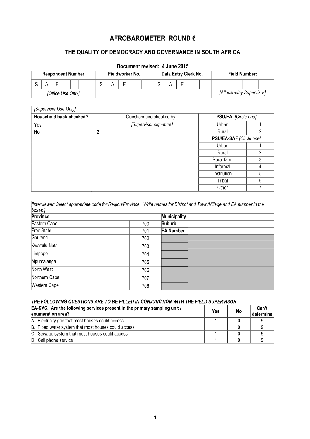 South Africa Round 6 Questionnaire