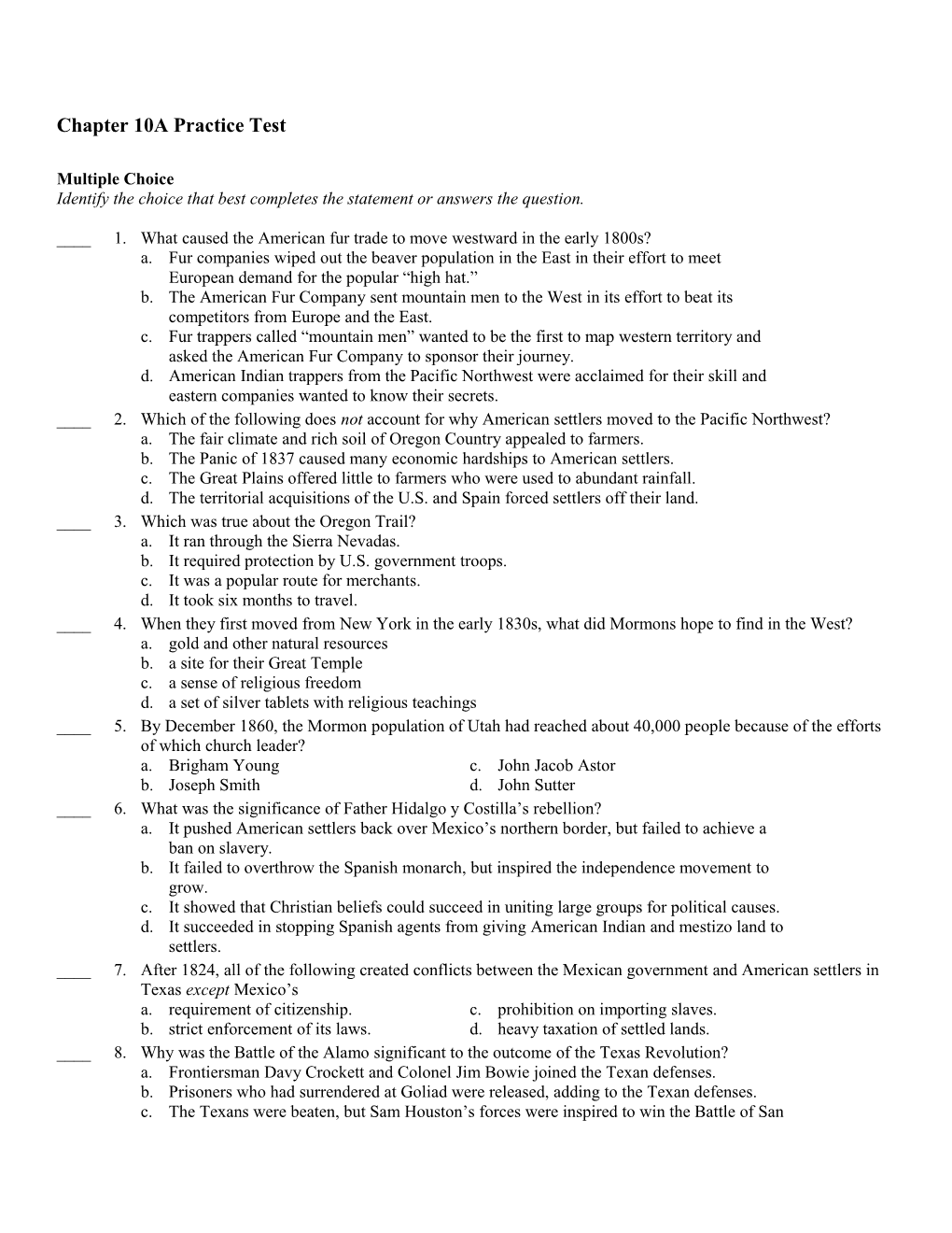 Chapter 10A Practice Test