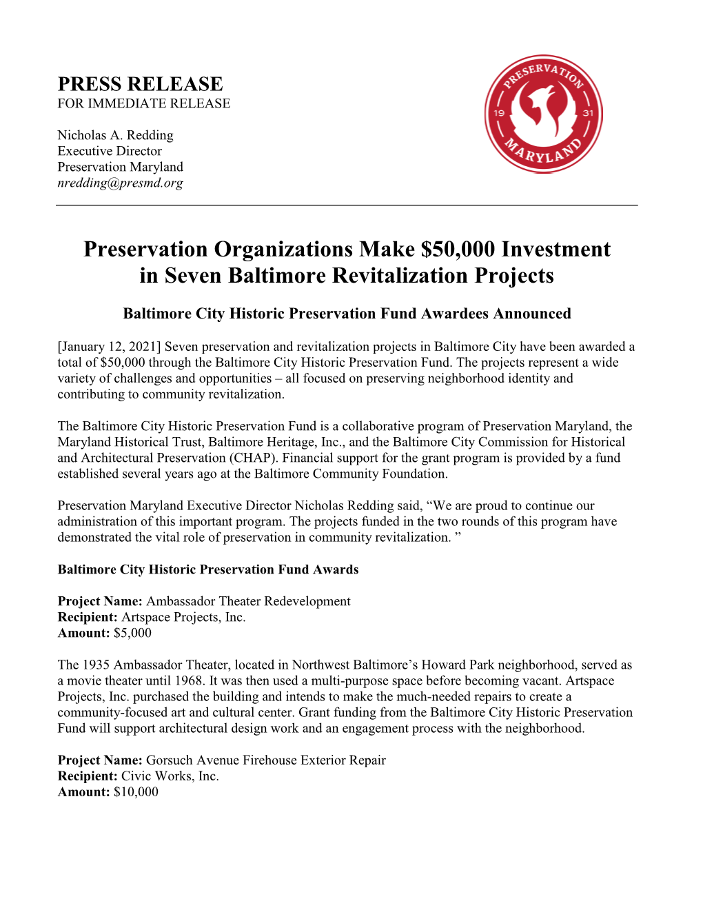 Preservation Organizations Make $50,000 Investment in Seven Baltimore Revitalization Projects