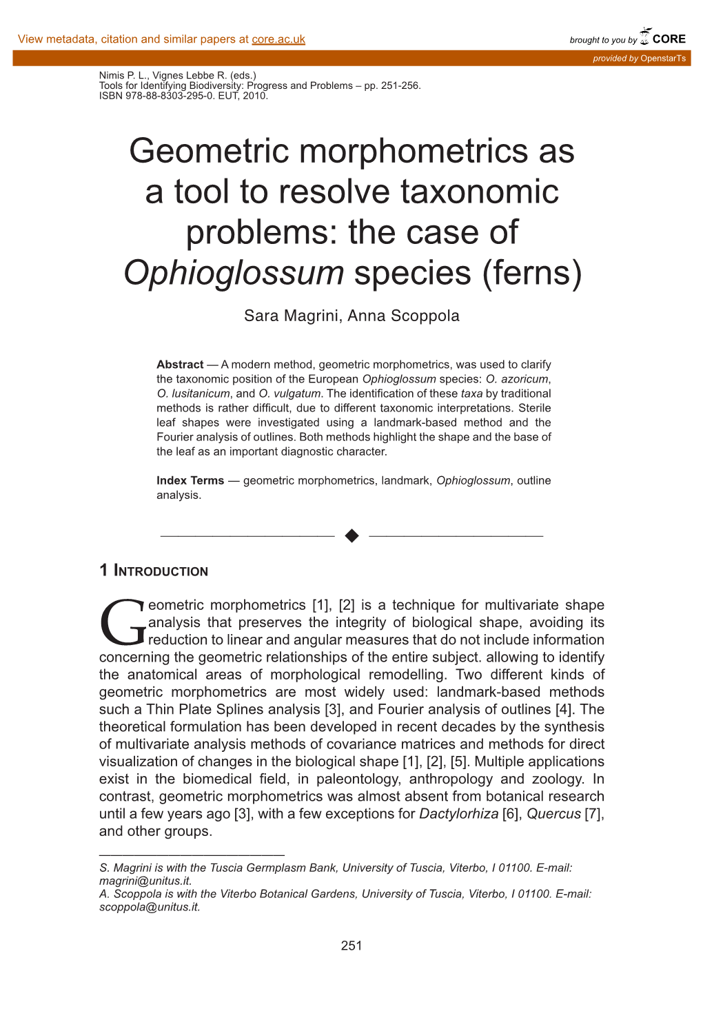 Geometric Morphometrics As a Tool to Resolve Taxonomic Problems: the Case of Ophioglossum Species (Ferns)