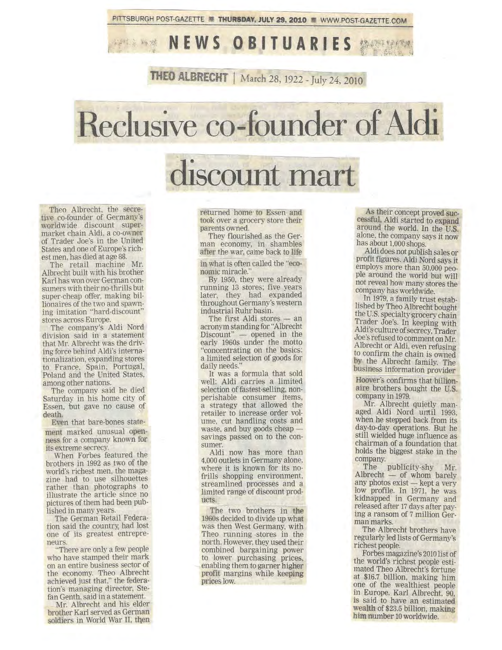 Reclusive Co-Founder of Aldi Discount Mart