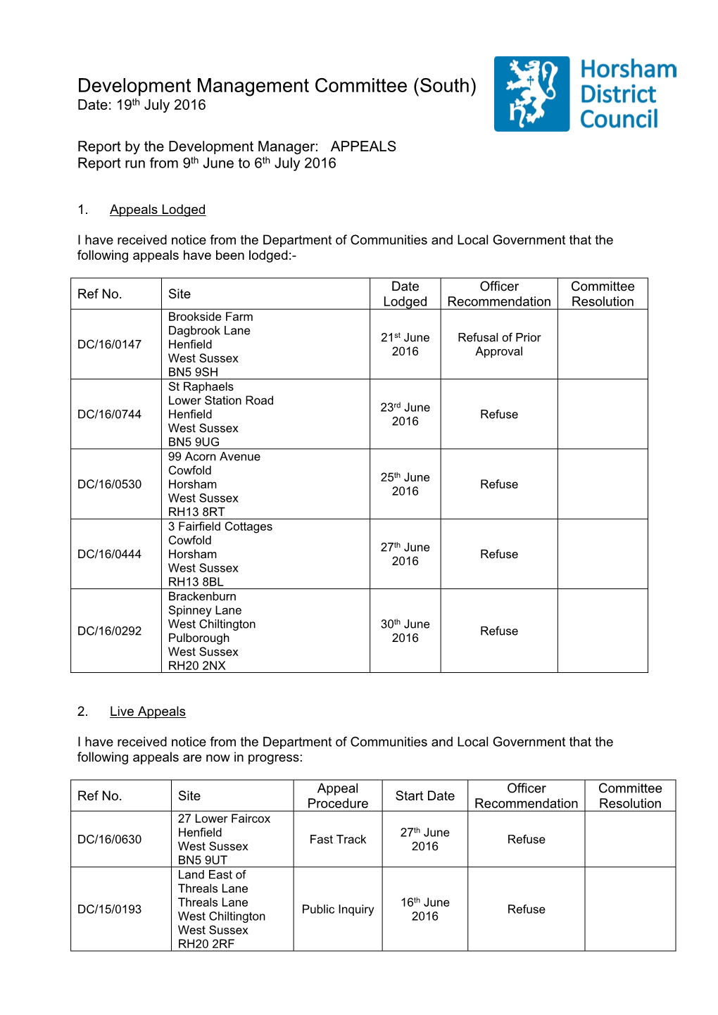 Development Management Committee (South) Date: 19Th July 2016