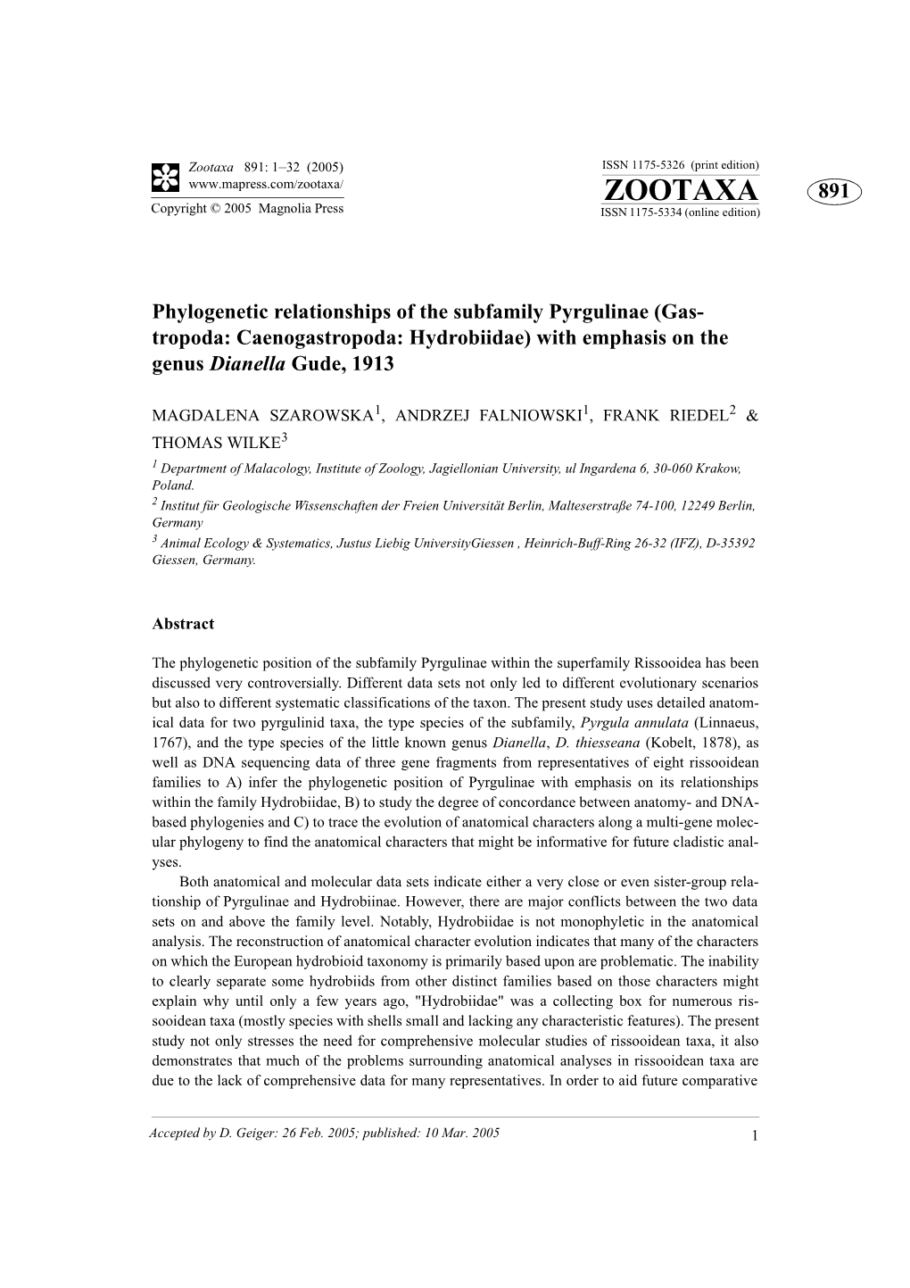 Zootaxa 891: 1–32 (2005) ISSN 1175-5326 (Print Edition) ZOOTAXA 891 Copyright © 2005 Magnolia Press ISSN 1175-5334 (Online Edition)