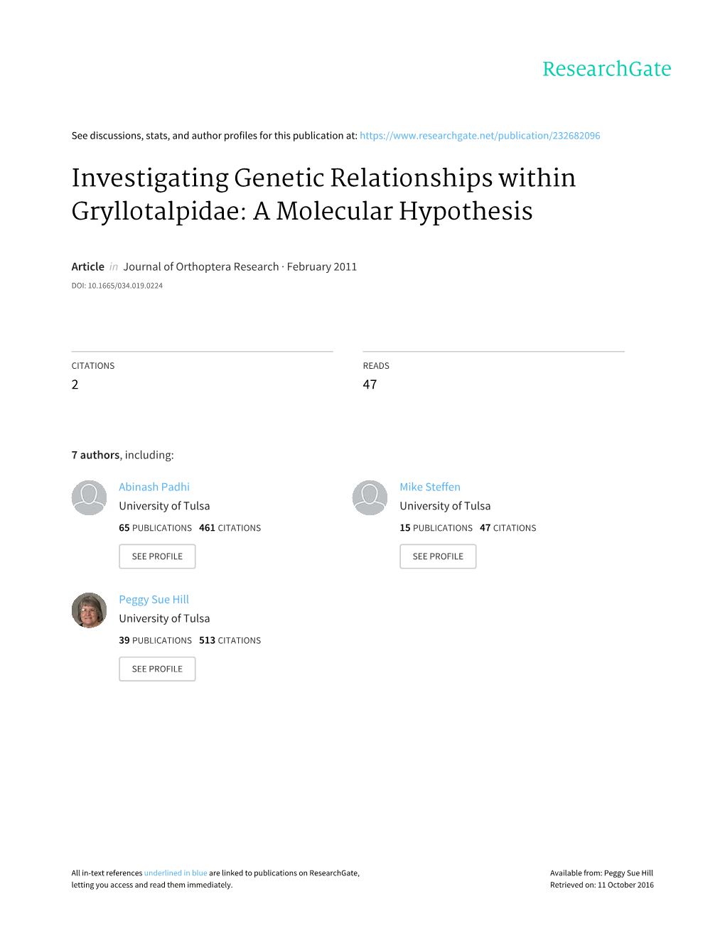 Investigating Genetic Relationships Within Gryllotalpidae: a Molecular Hypothesis