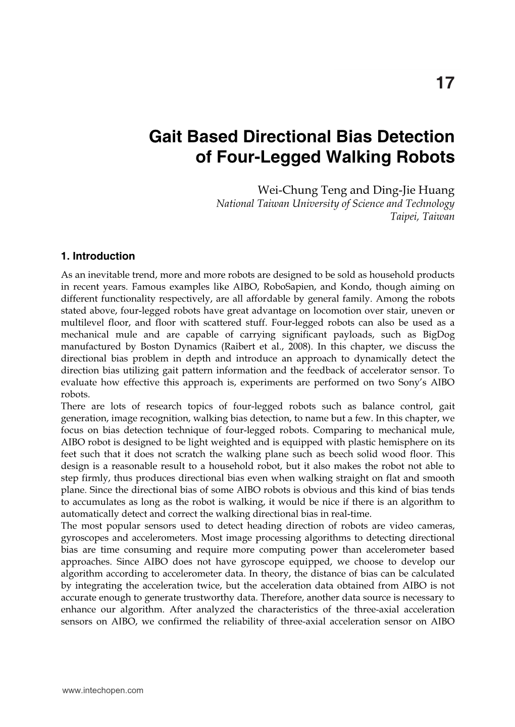 Gait Based Directional Bias Detection of Four-Legged Walking Robots 277