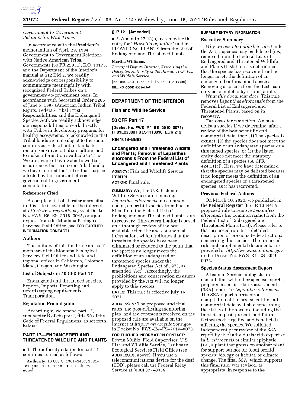 Federal Register/Vol. 86, No. 114/Wednesday, June 16, 2021/Rules and Regulations