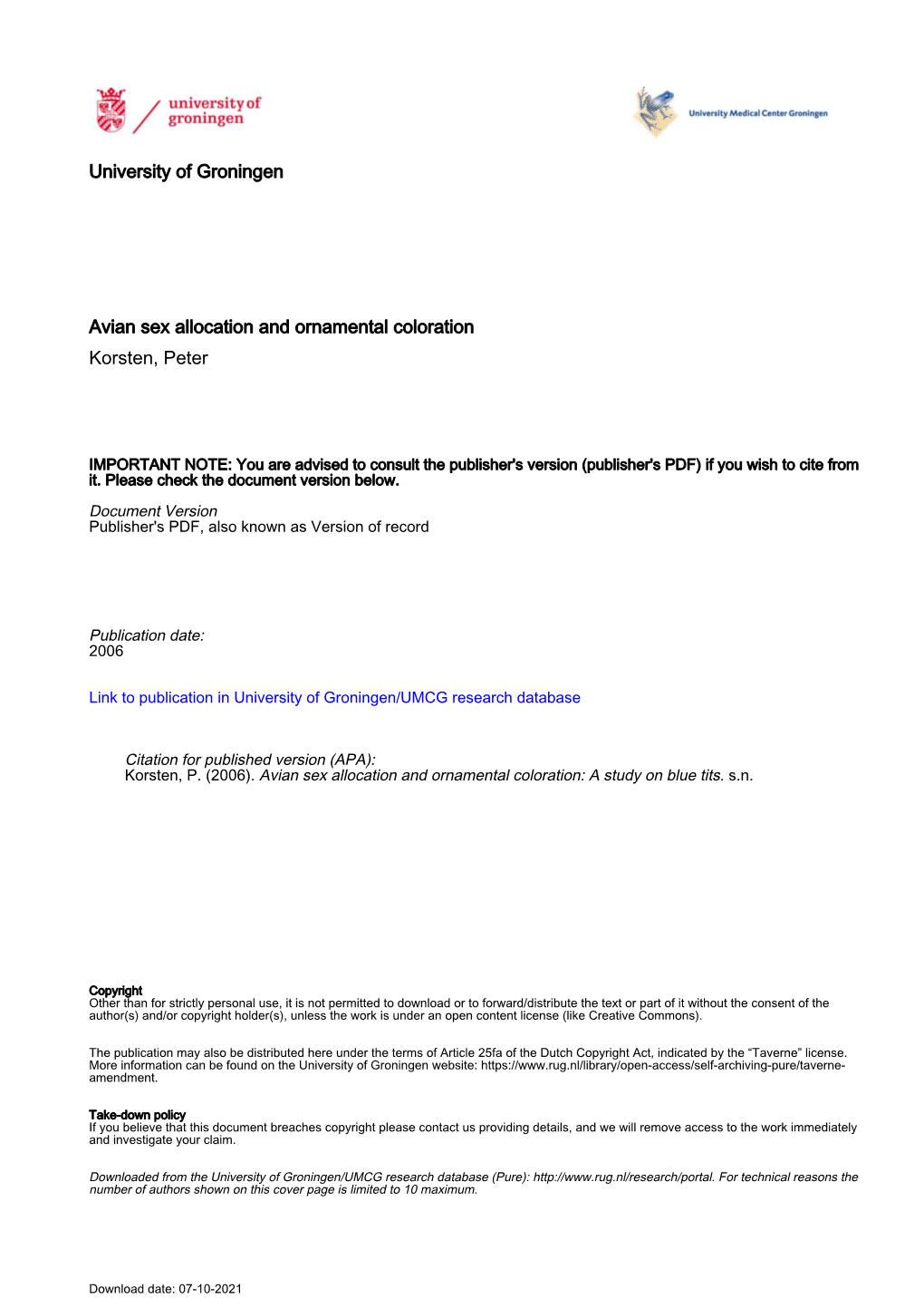 University of Groningen Avian Sex Allocation and Ornamental