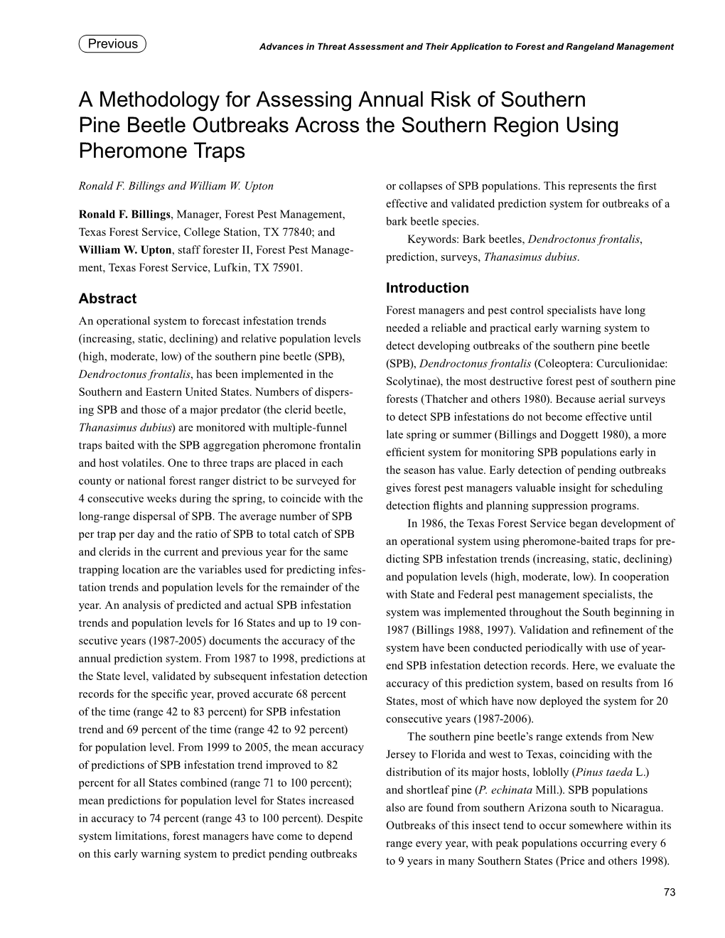 A Methodology for Assessing Annual Risk of Southern Pine Beetle Outbreaks Across the Southern Region Using Pheromone Traps