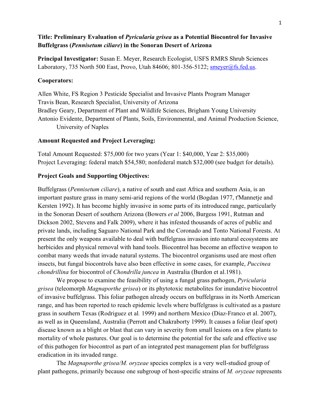 Preliminary Evaluation of Pyricularia Grisea As a Potential Biocontrol for Invasive Buffelgrass (Pennisetum Ciliare) in the Sonoran Desert of Arizona