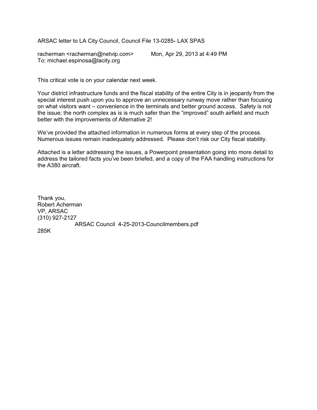 ARSAC Letter to LA City Council, Council File 13-0285
