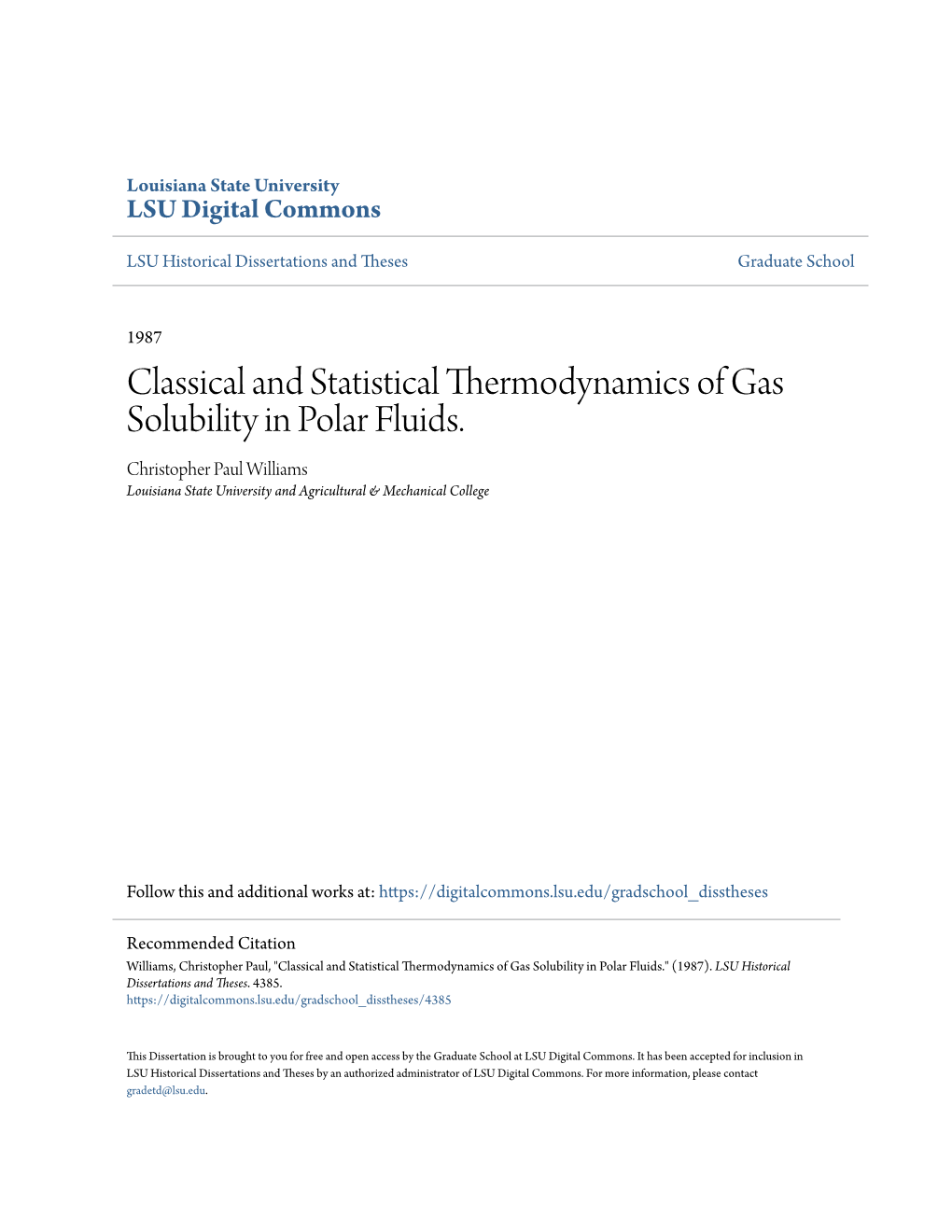 Classical and Statistical Thermodynamics of Gas Solubility in Polar Fluids. Christopher Paul Williams Louisiana State University and Agricultural & Mechanical College