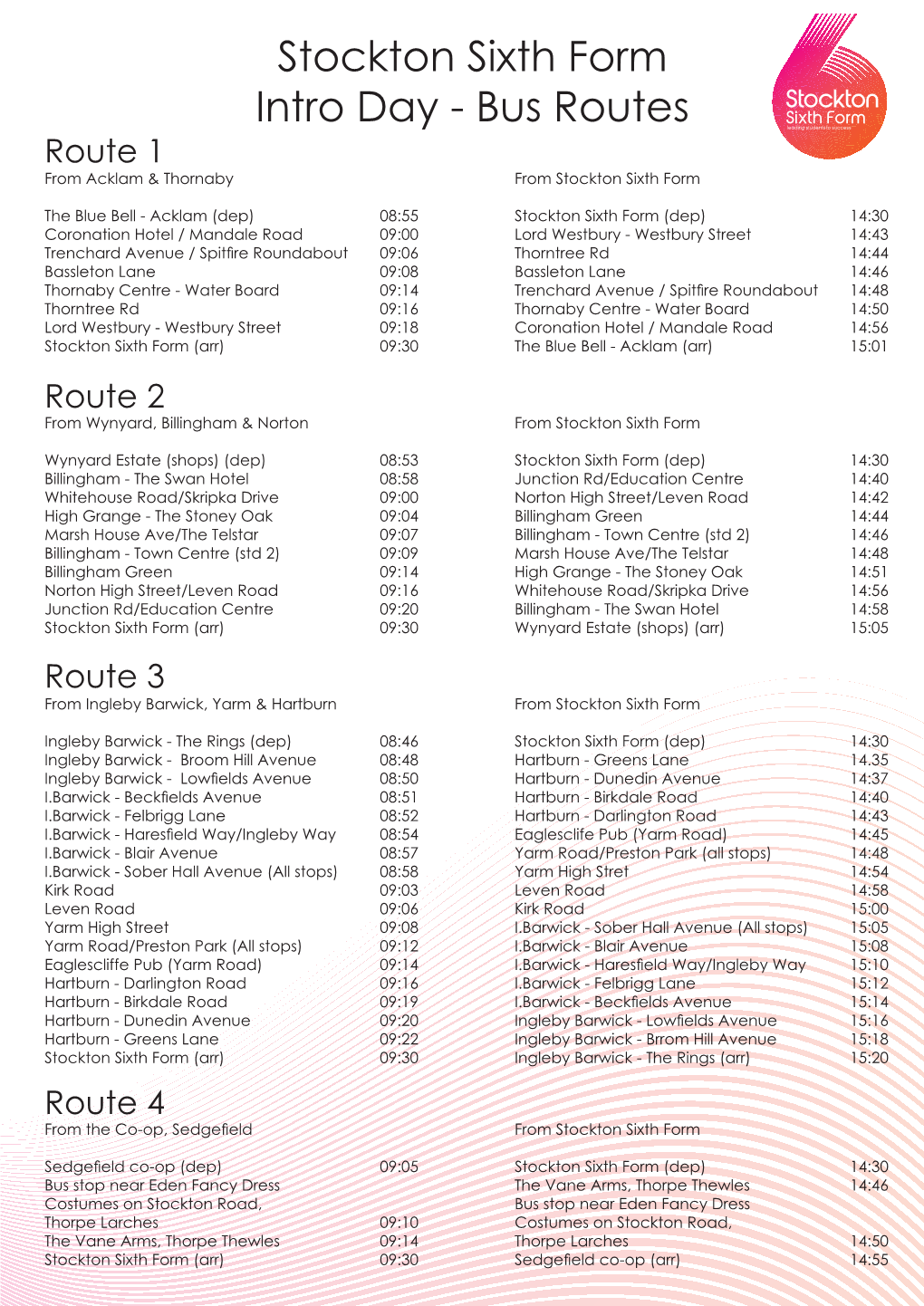 Bus Routes Route 1 from Acklam & Thornaby from Stockton Sixth Form