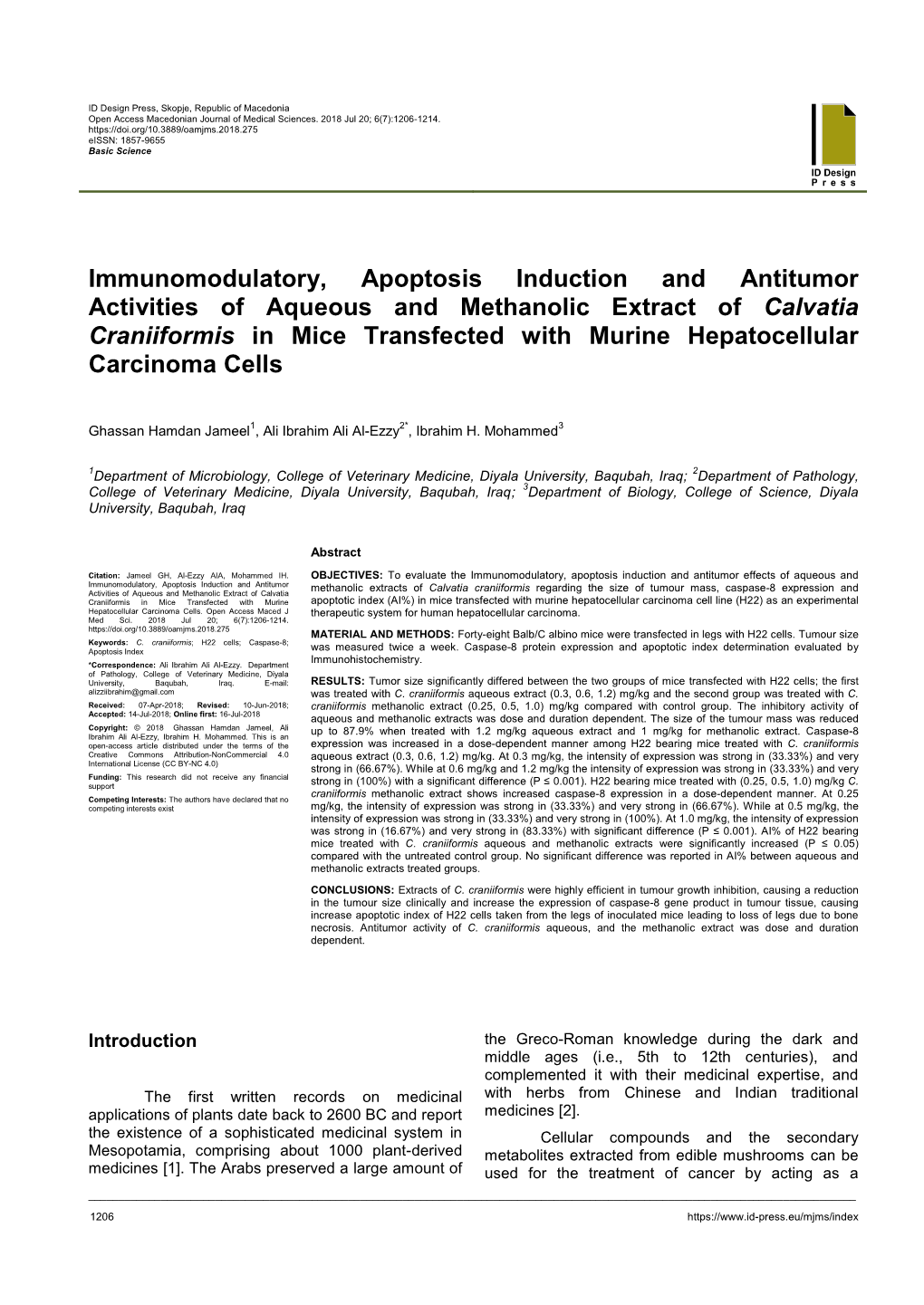 Immunomodulatory, Apoptosis Induction and Antitumor Activities of Aqueous and Methanolic Extract of Calvatia Craniiformis In