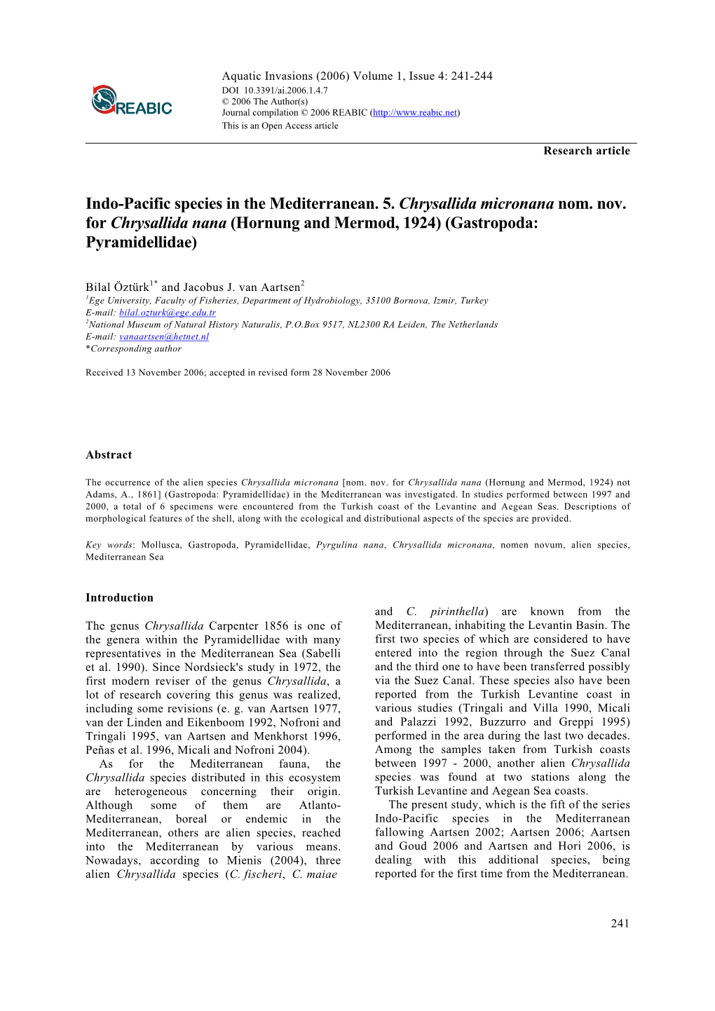 Indo-Pacific Species in the Mediterranean. 5. Chrysallida Micronana Nom