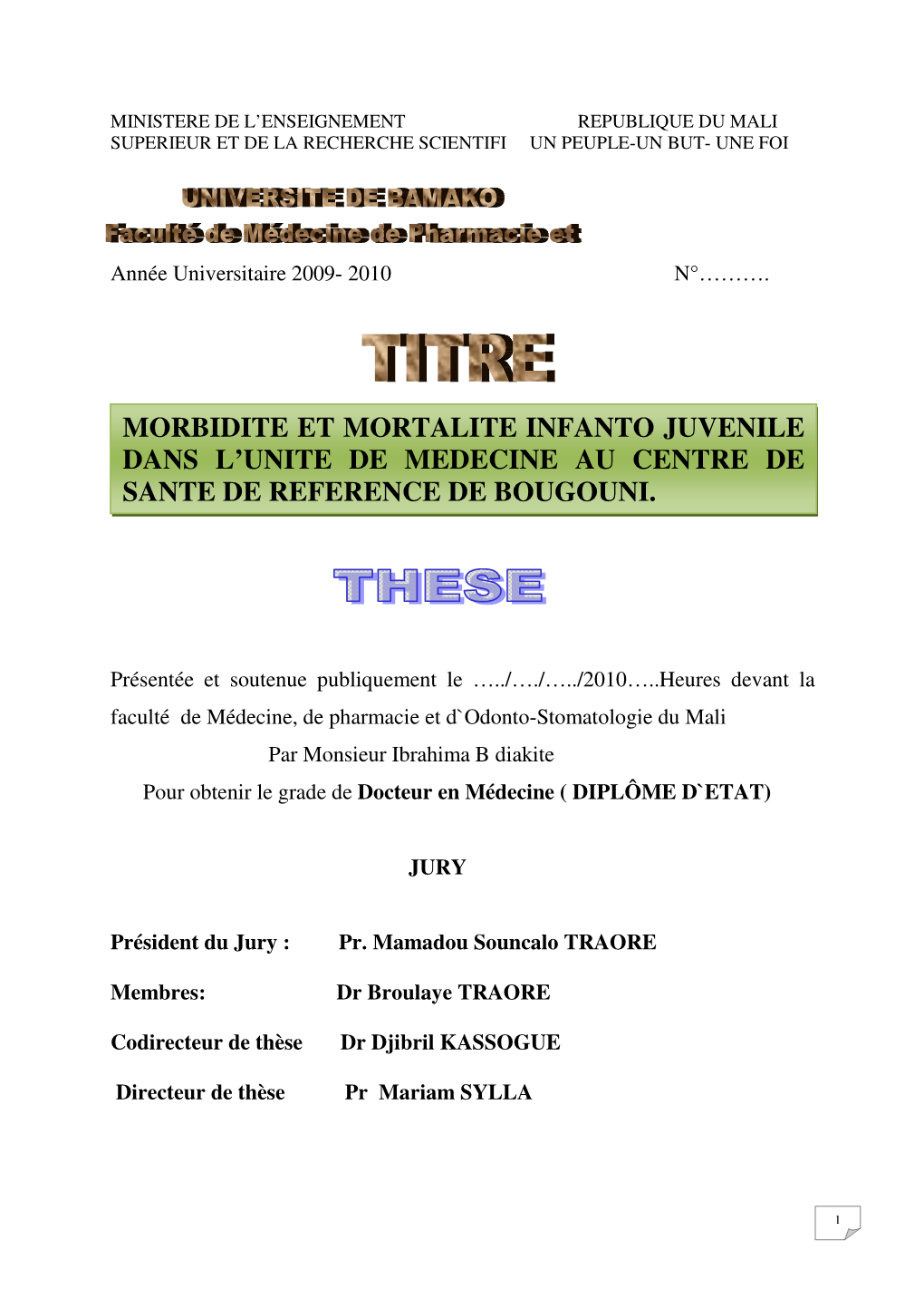 Morbidite Et Mortalite Infanto Juvenile Dans L’Unite De Medecine Au Centre De Sante De Reference De Bougouni