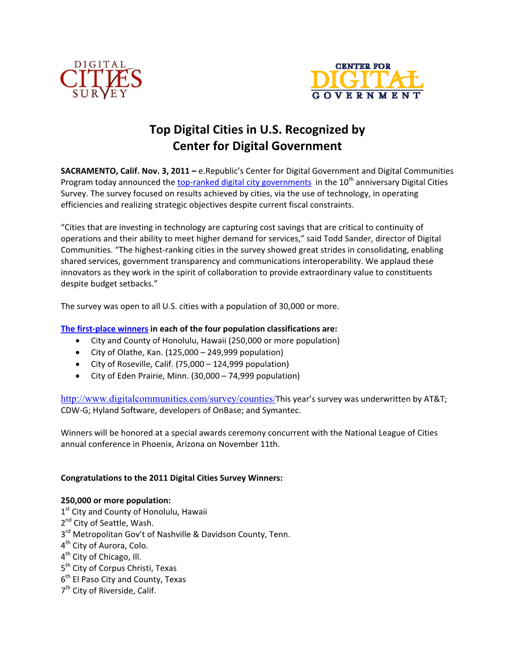 Top Digital Cities in U.S. Recognized by Center for Digital Government