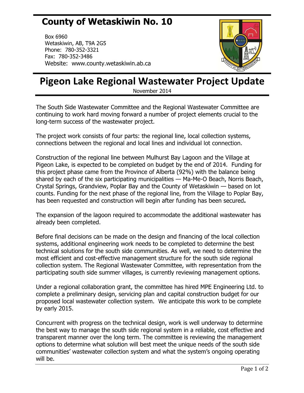 Pigeon Lake Regional Wastewater Project Update November 2014