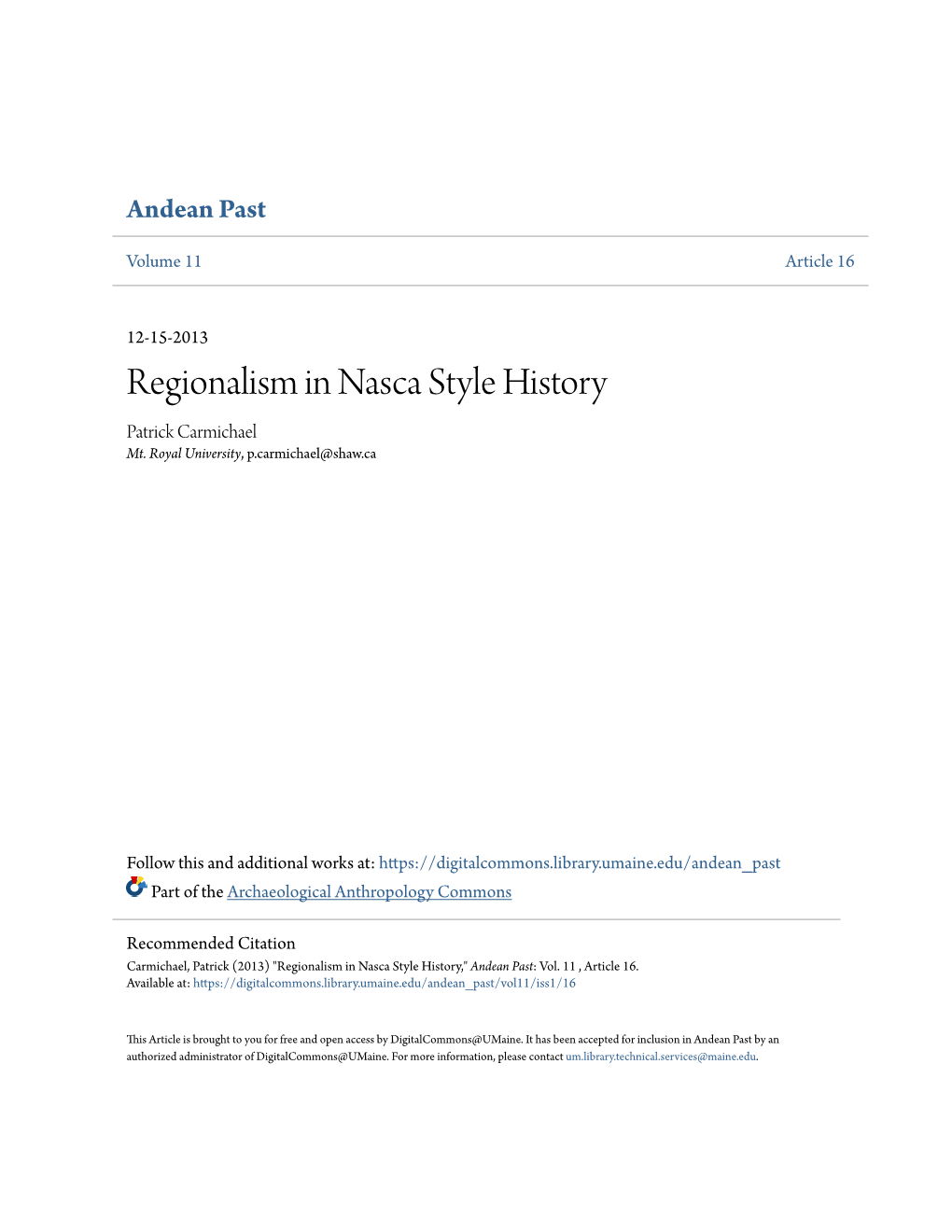 Regionalism in Nasca Style History Patrick Carmichael Mt