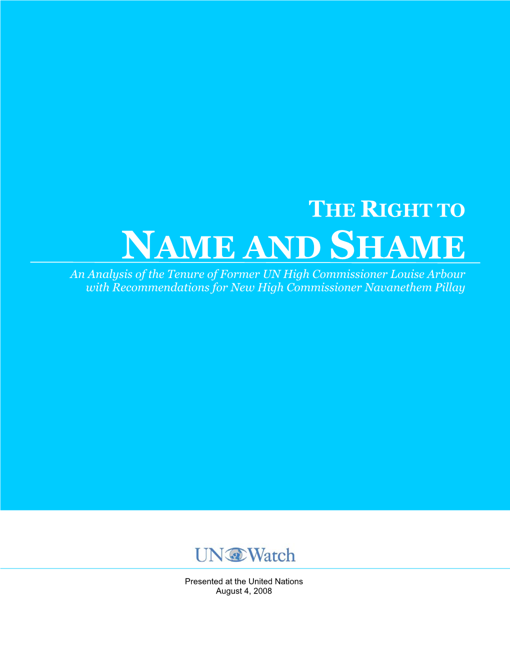 NAME and SHAME an Analysis of the Tenure of Former UN High Commissioner Louise Arbour with Recommendations for New High Commissioner Navanethem Pillay