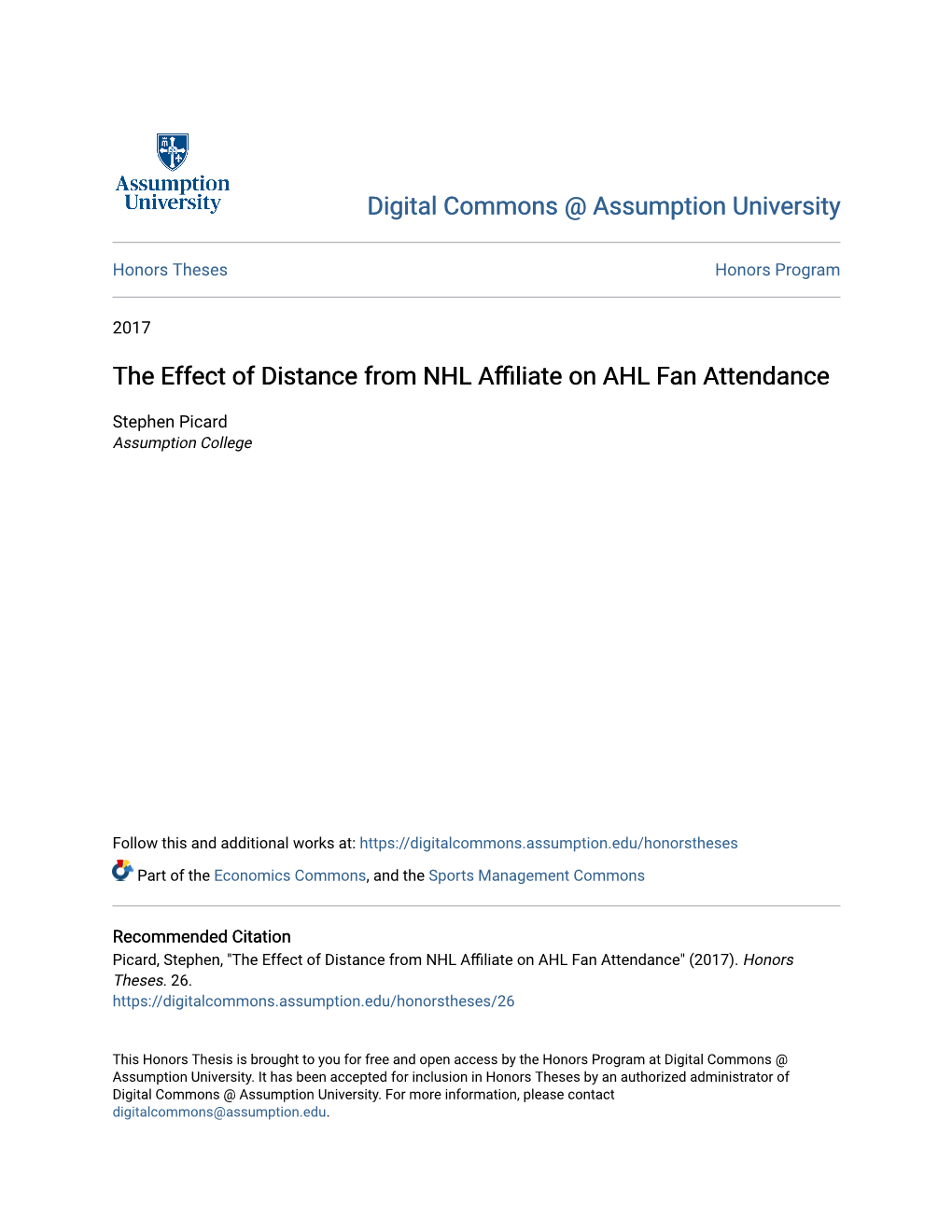 The Effect of Distance from NHL Affiliate on AHL Fan Attendance