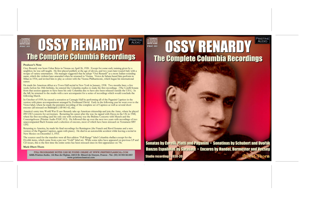 Producer's Note Ossy Renardy Was Born Oskar Reiss in Vienna on April