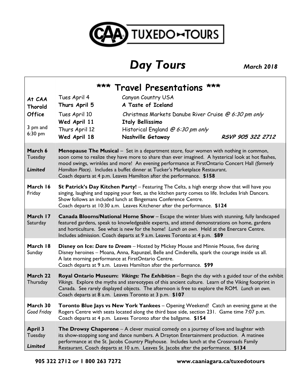 Day Tours March 2018