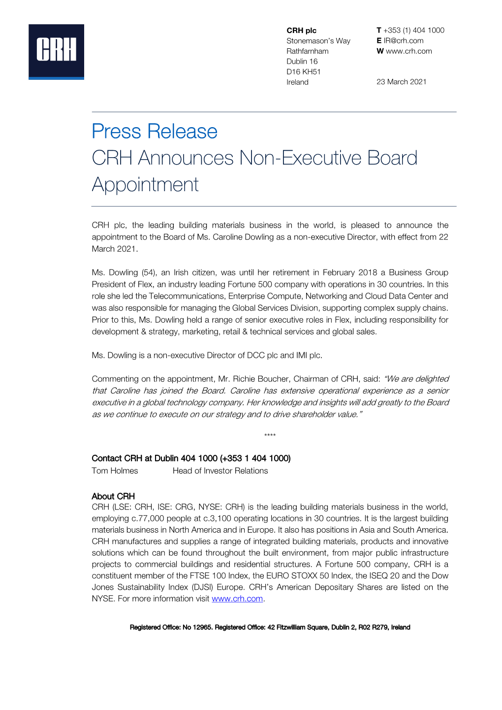 Press Release CRH Announces Non-Executive Board Appointment