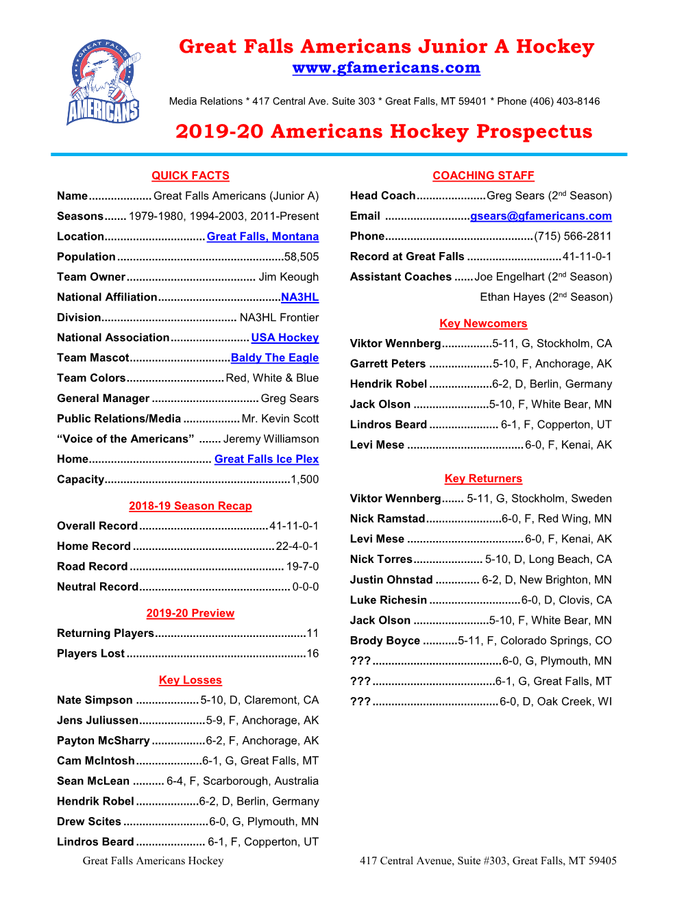 Great Falls Americans Junior a Hockey 2019-20 Americans Hockey