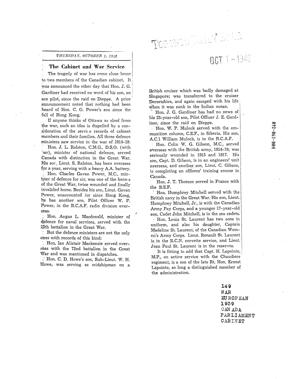 The Cabinet and War Service the Tragedy of War Has Come Close Home to Two Members of the Canadian Cabinet