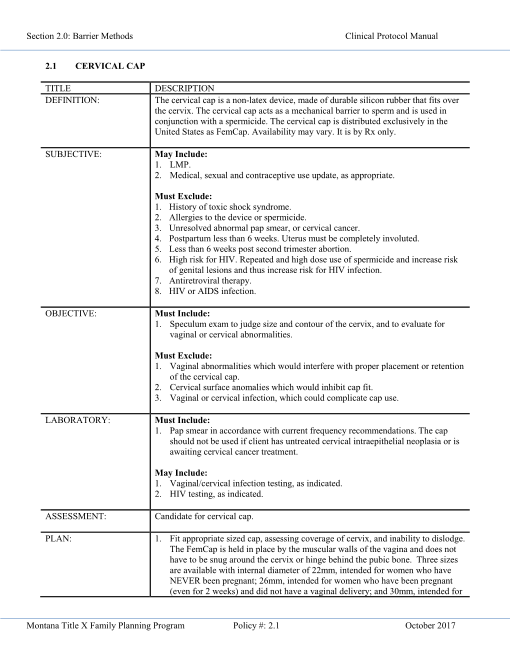 Section 2.0: Barrier Methods Clinical Protocol Manual Montana Title X