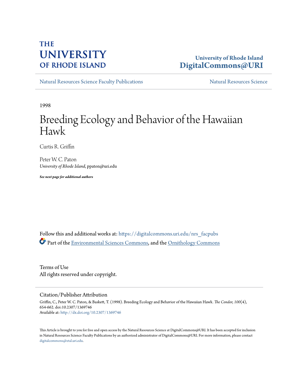 Breeding Ecology and Behavior of the Hawaiian Hawk Curtis R