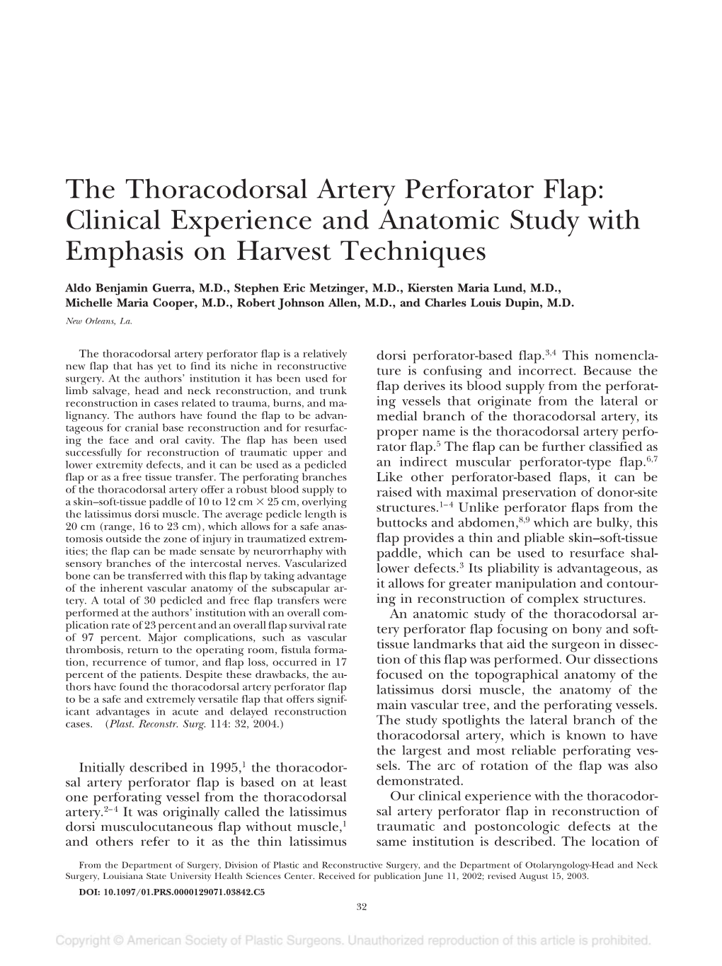 The Thoracodorsal Artery Perforator Flap: Clinical Experience and Anatomic Study with Emphasis on Harvest Techniques