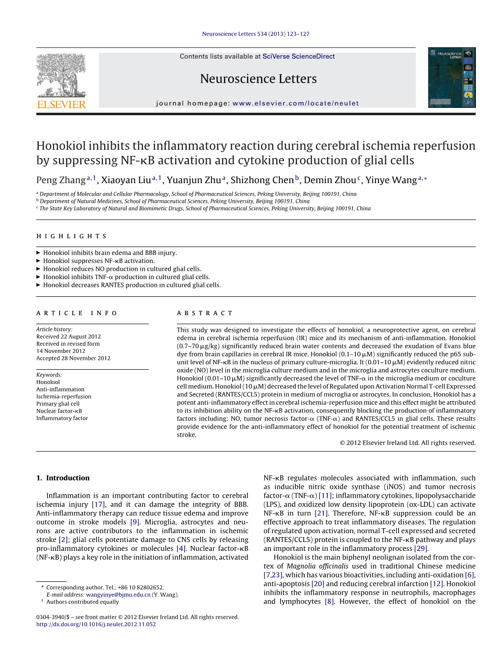 Honokiol Inhibits the Inflammatory Reaction During Cerebral Ischemia