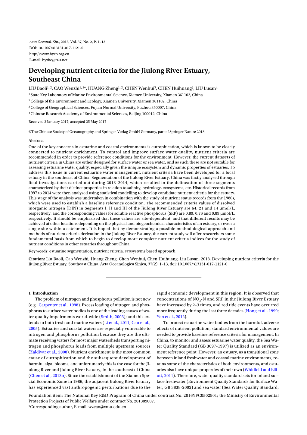 Developing Nutrient Criteria for the Jiulong River Estuary, Southeast