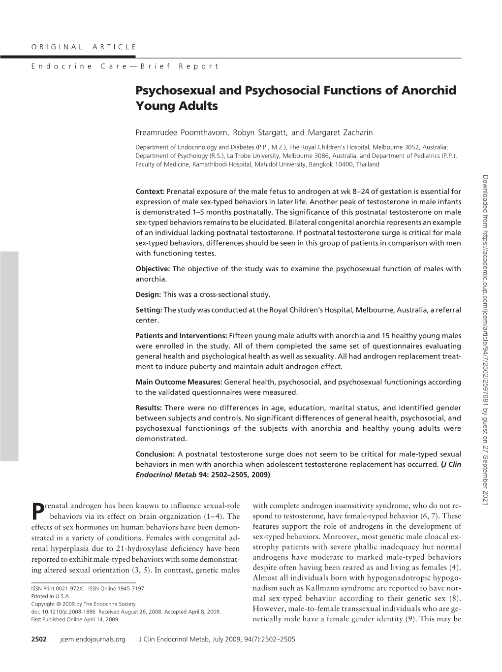 Psychosexual and Psychosocial Functions of Anorchid Young Adults