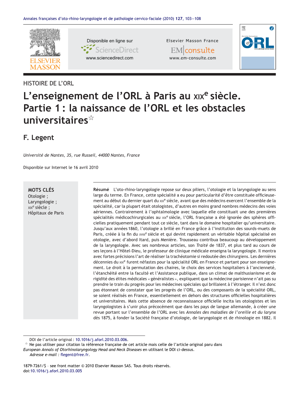 La Naissance De Lâ€™ORL Et Les Obstacles