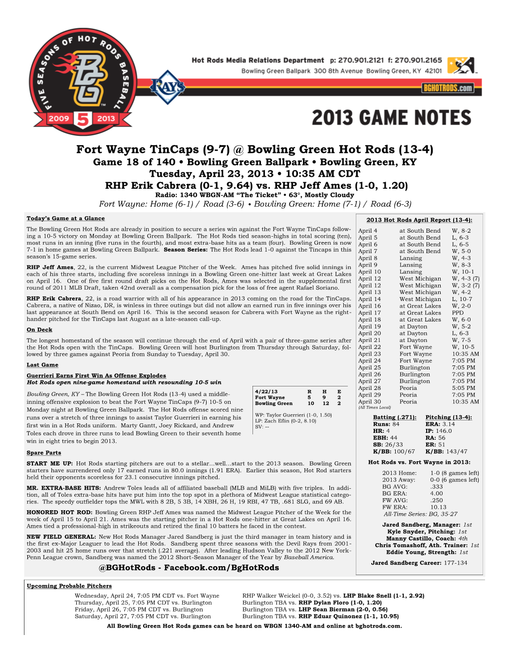 Hot Rods Game Notes 04232013