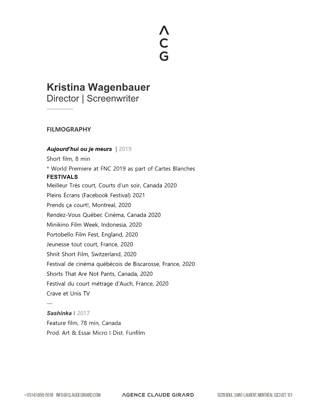 Kristina Wagenbauer Director | Screenwriter —————