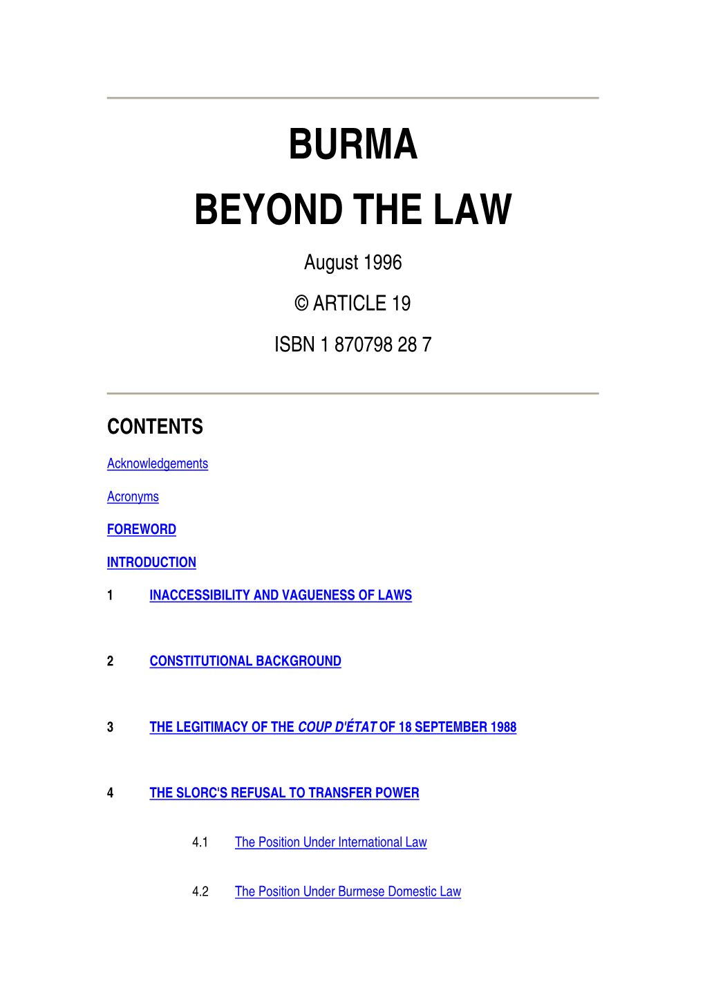 BURMA BEYOND the LAW August 1996 © ARTICLE 19 ISBN 1 870798 28 7