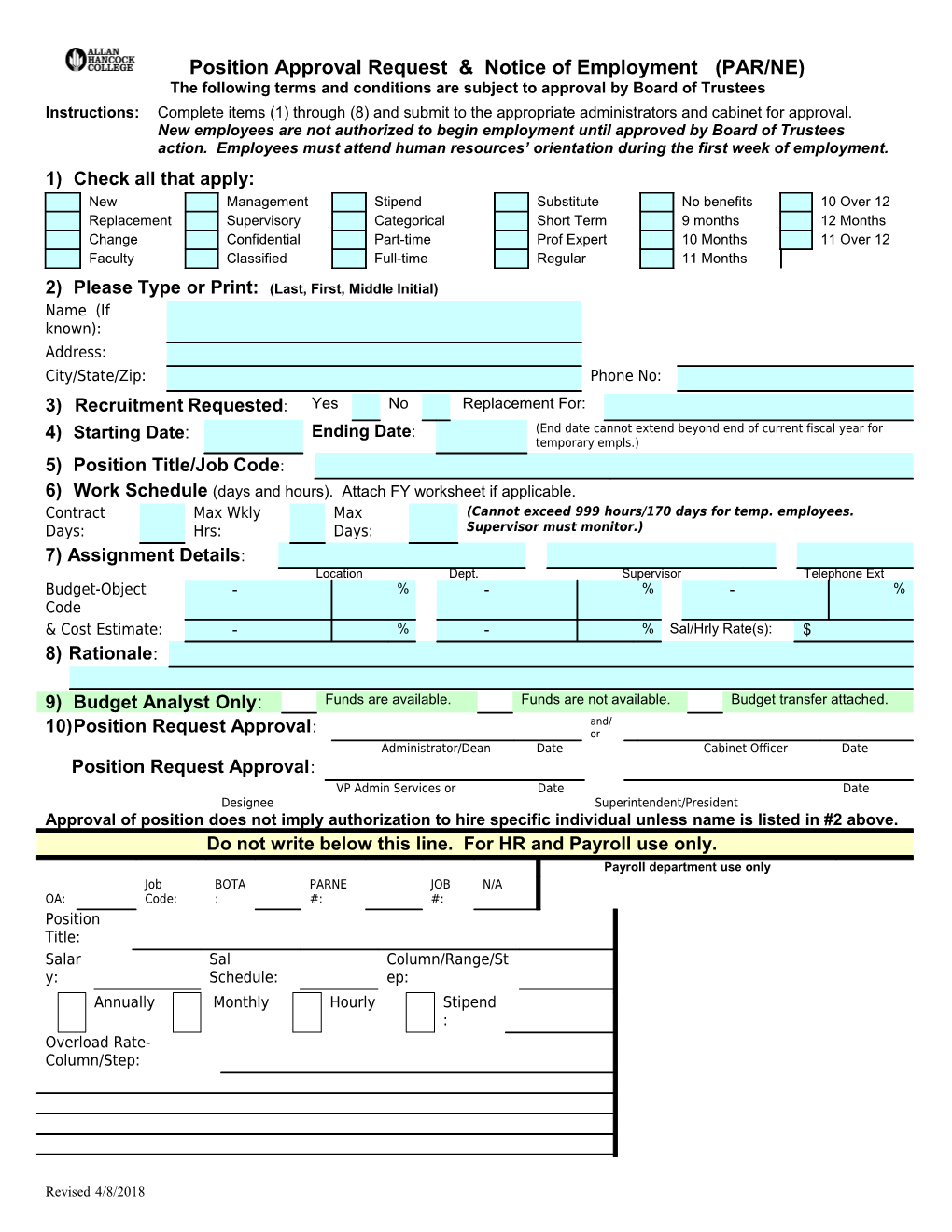 Personnel Action Request & Notice of Employment HR Only