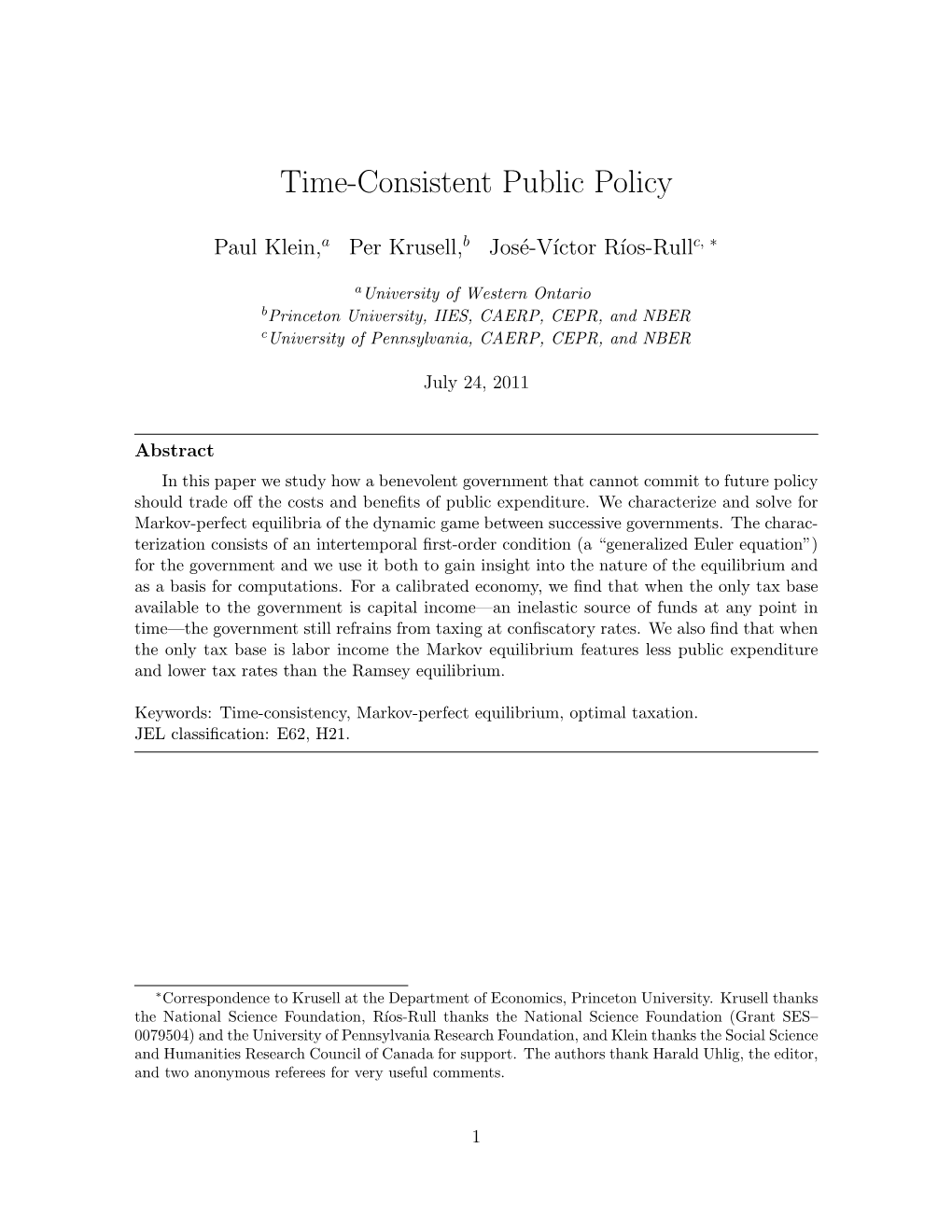 Time-Consistent Public Policy