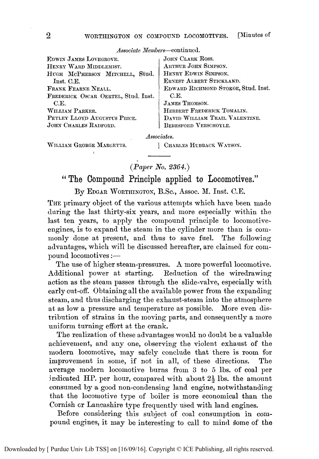 The Compound Principle Applied to Locomotives.” by EDGARWORTHINGTOB, B.Sc., Assoc