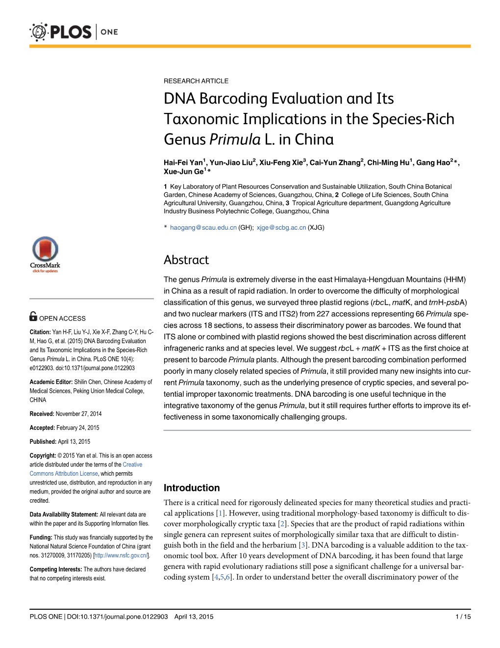DNA Barcoding Evaluation and Its Taxonomic Implications in the Species-Rich Genus Primula L. in China