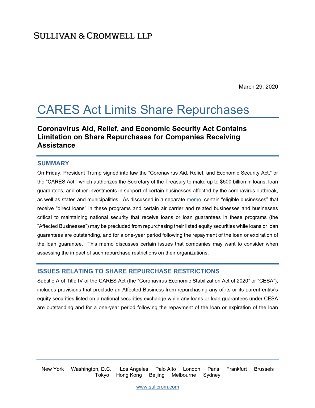 CARES Act Limits Share Repurchases