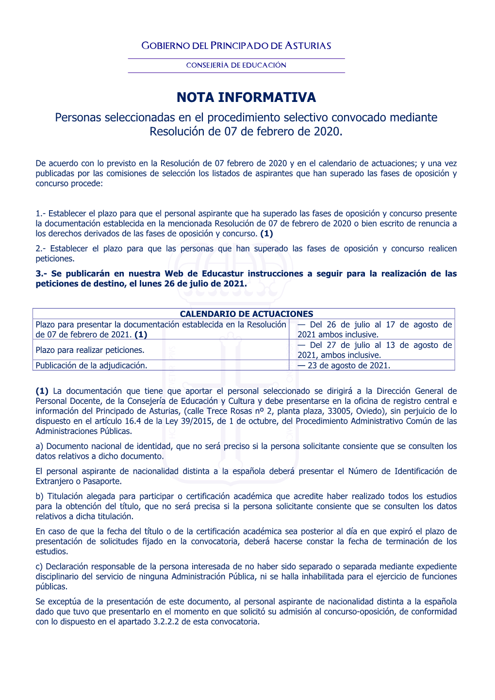 NOTA INFORMATIVA Personas Seleccionadas En El Procedimiento Selectivo Convocado Mediante Resolución De 07 De Febrero De 2020