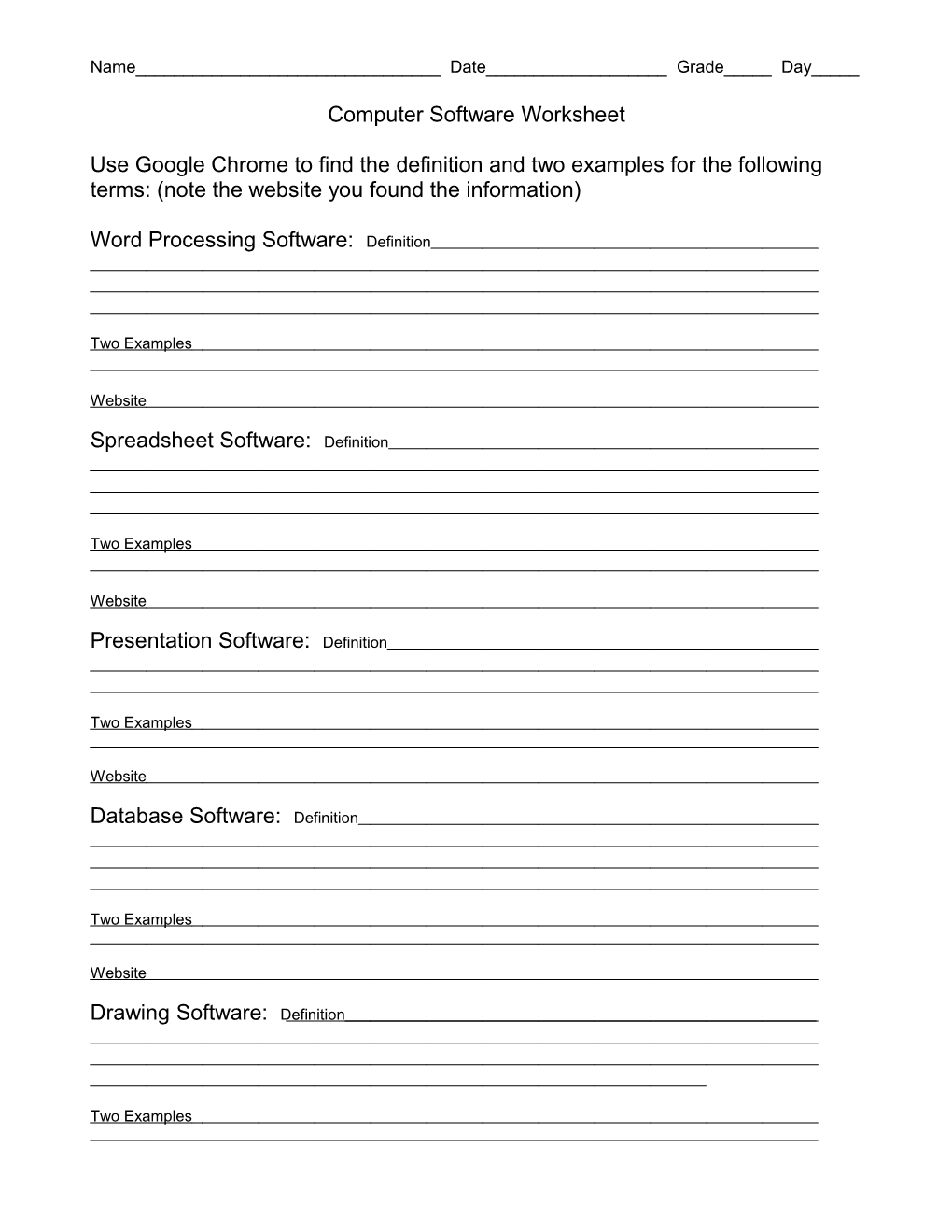 Computer Software Worksheet