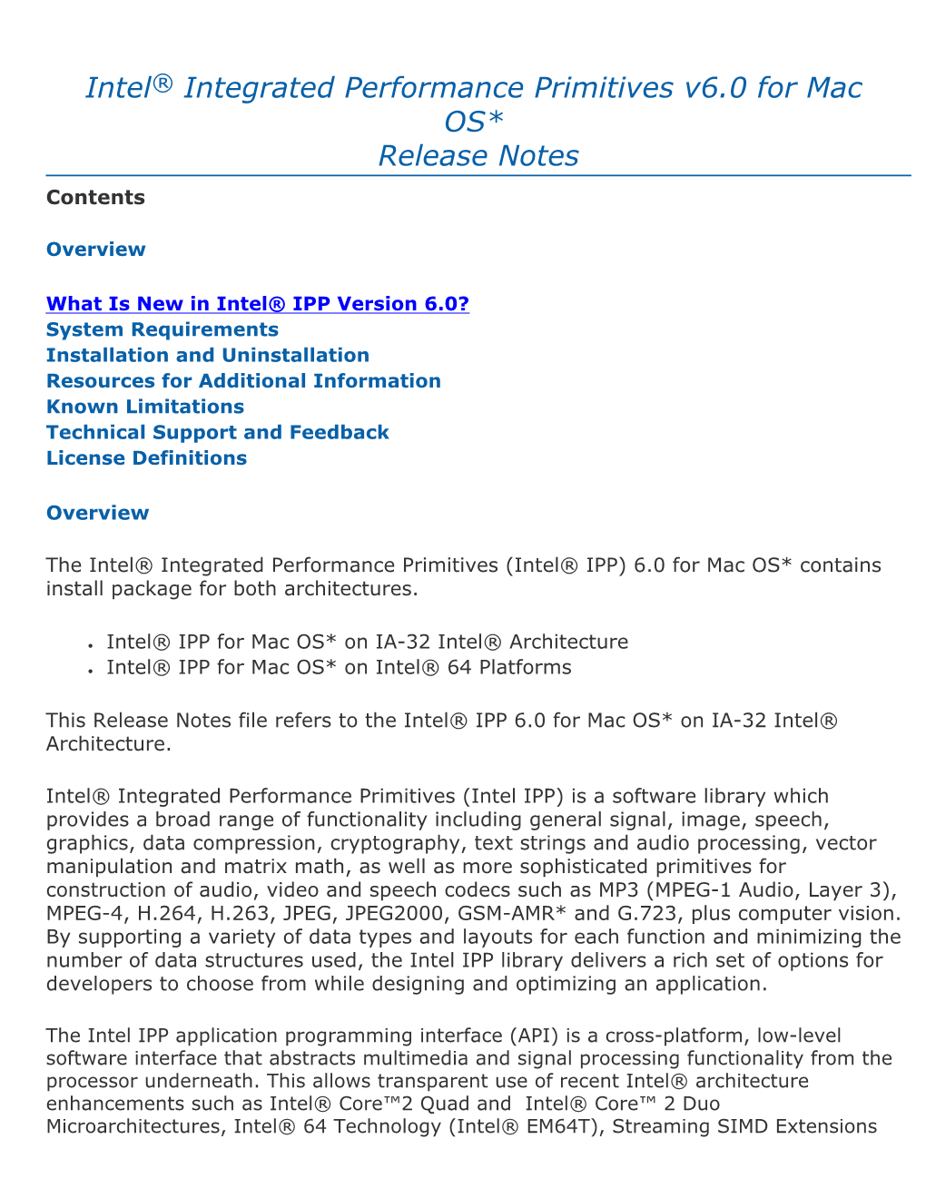 Intel® Integrated Performance Primitives for Mac OS* Release Notes