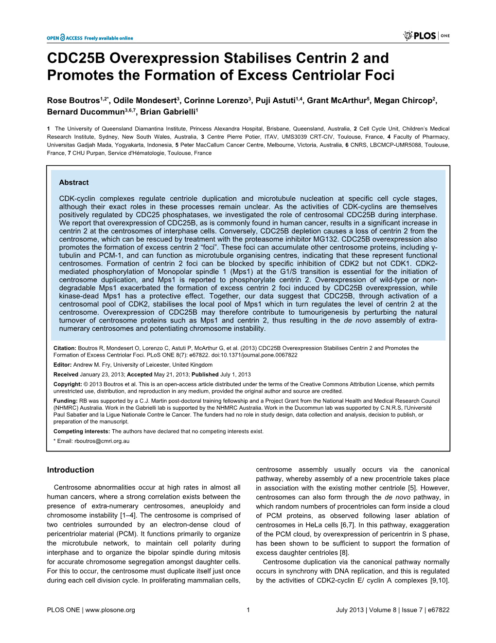 CDC25B Overexpression Stabilises Centrin 2 and Promotes the Formation of Excess Centriolar Foci