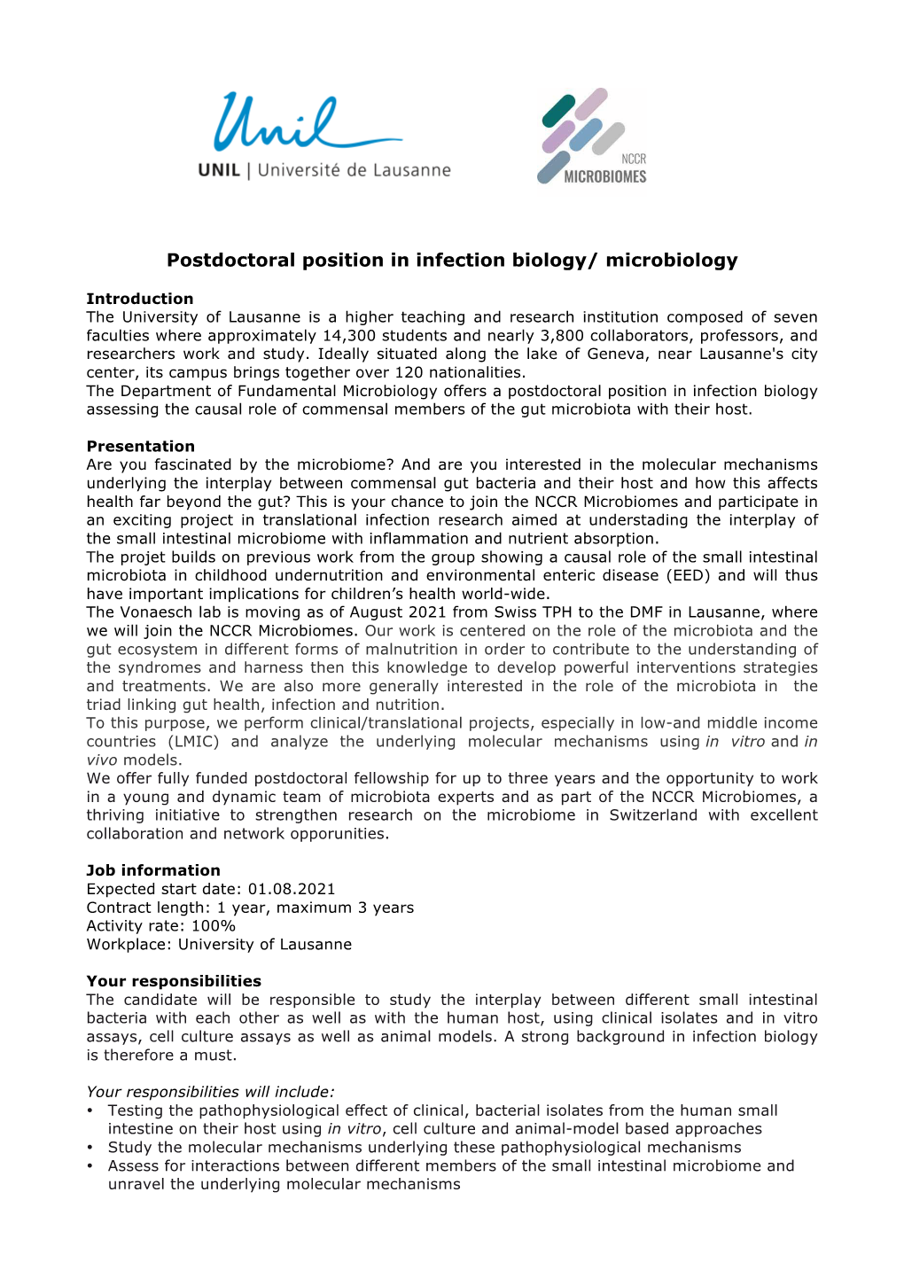 Postdoctoral Position in Infection Biology/ Microbiology
