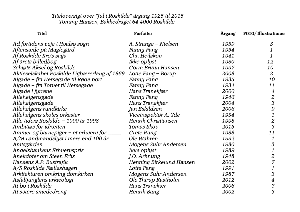 Titeloversigt Over ”Jul I Roskilde” Årgang 1925 Til 2015 Tommy Hansen, Bakkedraget 64 4000 Roskilde Ad Fortidens Veje I